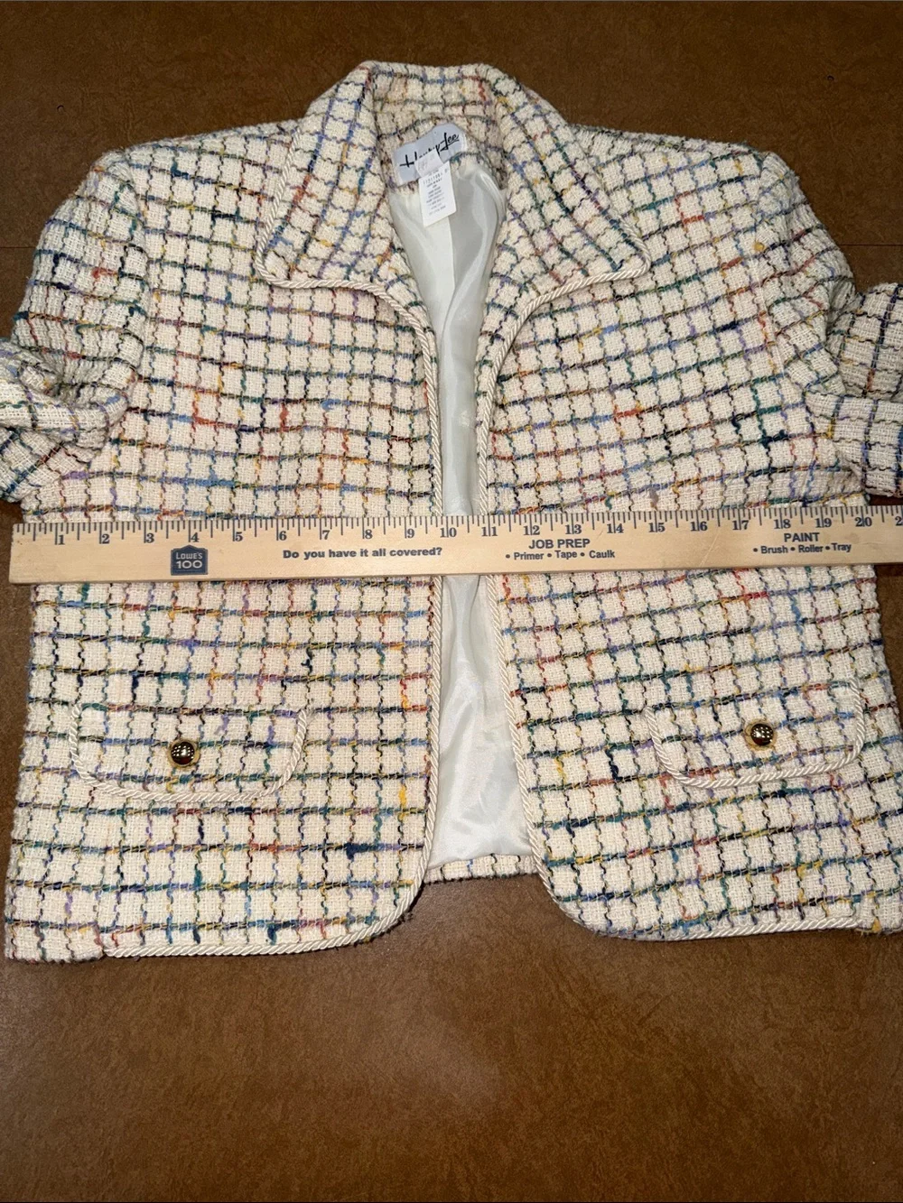 Henry Lee Ivory Tweed Two-Piece Skirt Suit Set with Multicolor Grid & Belt •10